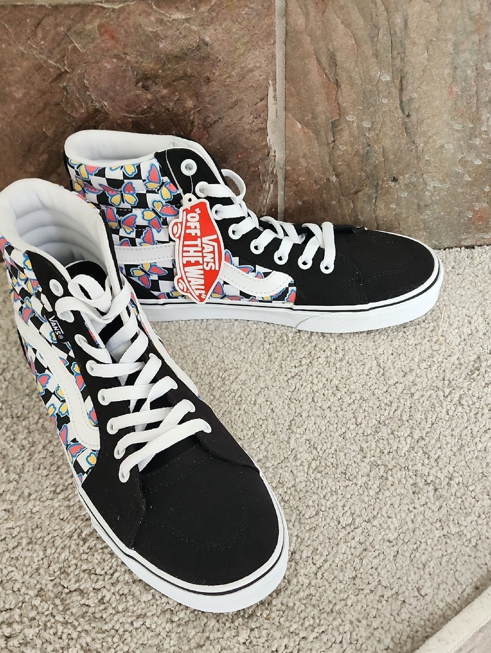 Vans Sk8-Hi Butterfly Checkerboard Skate Shoes Women’s 9 Black White Pink Yellow